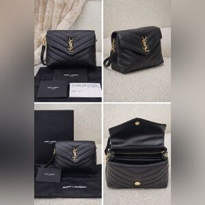 Saint Laurent Black Chevron Shoulder Bag with Gold Accents